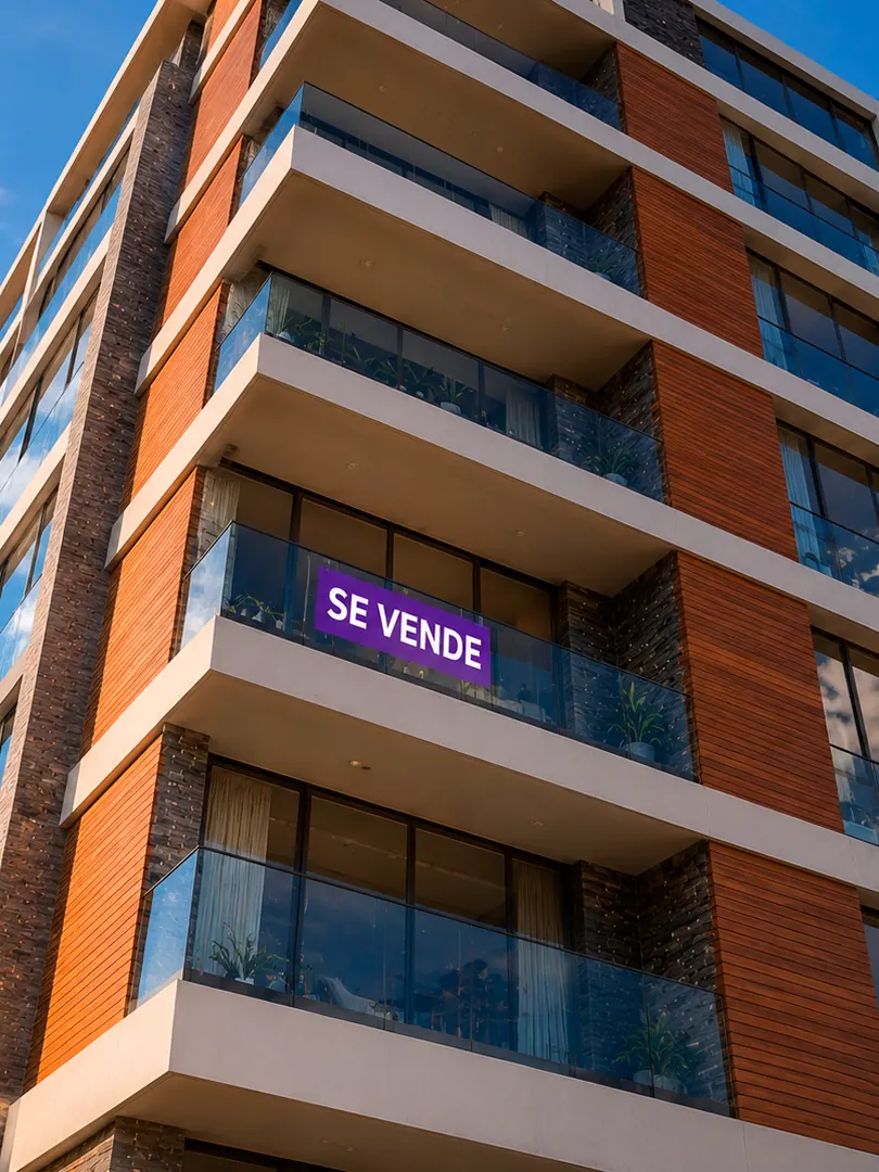 Fachada de un edificio con aviso SE VENDE de Habi